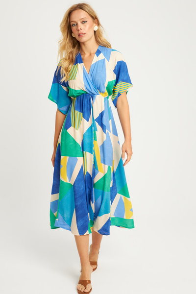 Cool & Sexy Modré vzorované dvouřadé dámské midi šaty - HT108