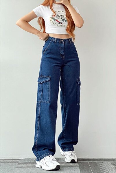 Lixera Koyu Mavi Extra Yüksek Bel Likralı Kargo Cep Bol Paça Palazzo Jean Pan...