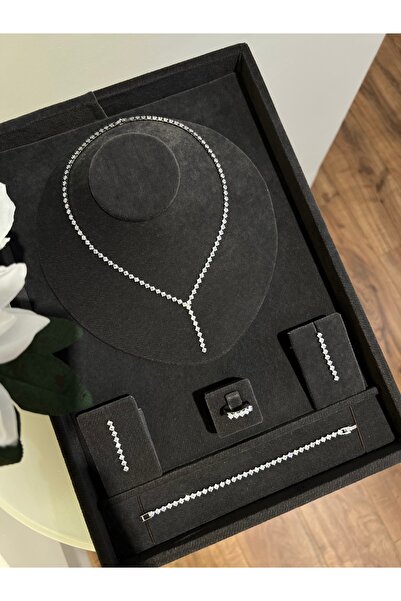 VİYA Chole Zirkon Taşlı Takı Seti Kolye Küpe Bileklik Yüzük Set Düğün Nişan Seti