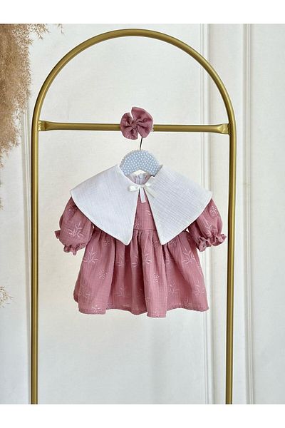Hobidik Baby Girl Child Dried Rose Muslin Scalloped Fabric Collar Eid Birthday Mevlüt Dress