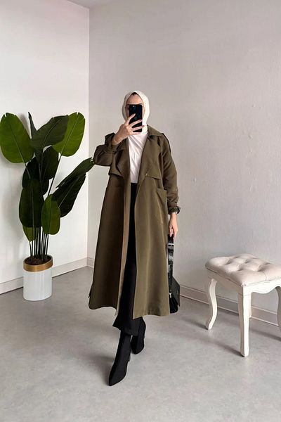 Tesettür Diyarı Khaki Colored Belted Trench - Shoulder and Arm Snap Detail