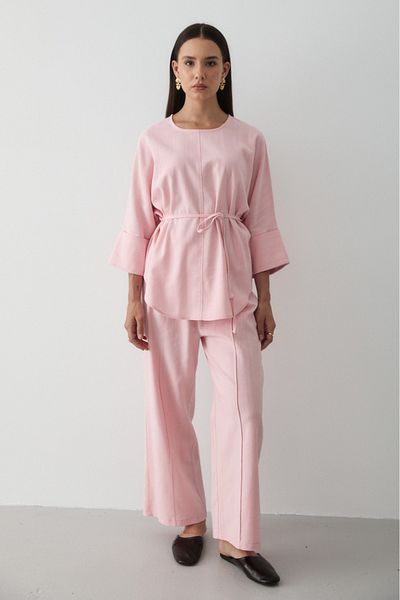 JASTE Women's Pink Linen Oversize Top Blouse & Elastic Wide Leg Pants Double Set