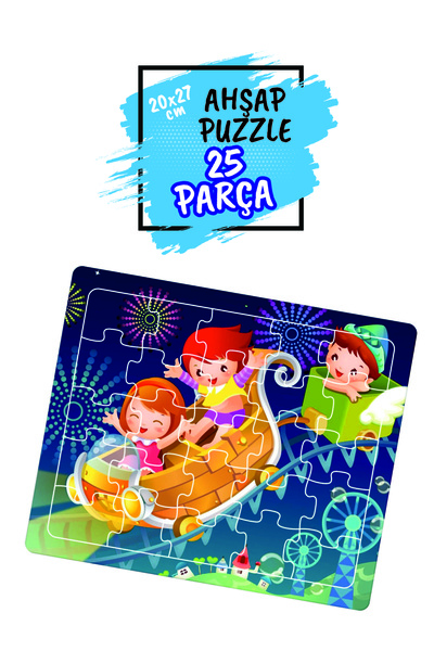 Leelii Tasarım Çiftçi Aile, Lunapark, Sevimli Fil, Sevimli Köpek 25 Parça Ahşap Puzzle Yapboz 4'lü Set