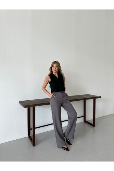 Lexsina Kadın Gri Yüksek Bel Cırtlı Kumaş Palazzo Pantolon LXGRY