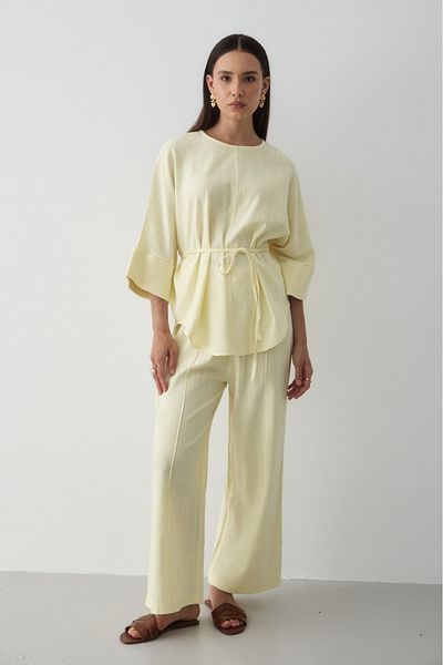 JASTE Women's Yellow Linen Oversize Top Blouse & Elastic Wide Leg Pants Double Set