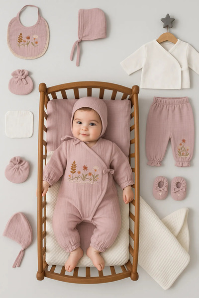 Modonoff Girl 0-3 Months Flower Embroidered Muslin Set of 10