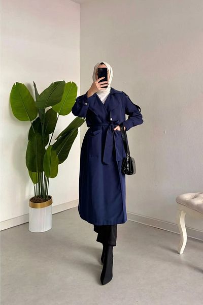 Tesettür Diyarı Navy Blue Belted Trench - Shoulder and Arm Snap Detail