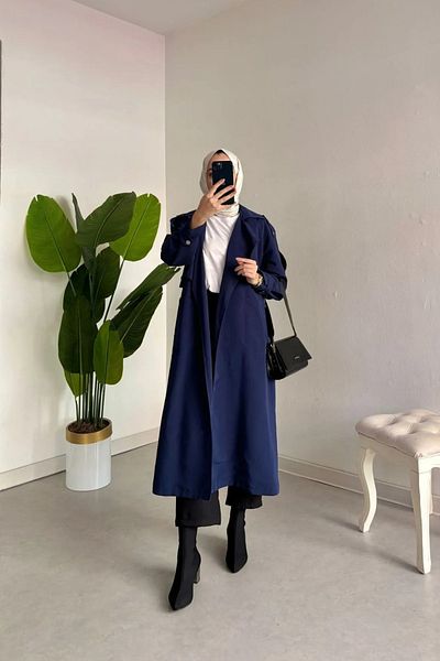 Tesettür Diyarı Navy Blue Belted Trench - Shoulder and Arm Snap Detail