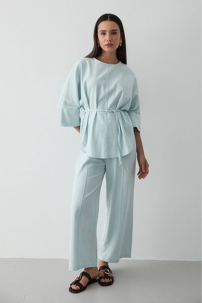 JASTE Women's Blue Linen Oversize Top Blouse & Elastic Wide Leg Pants Double Suit
