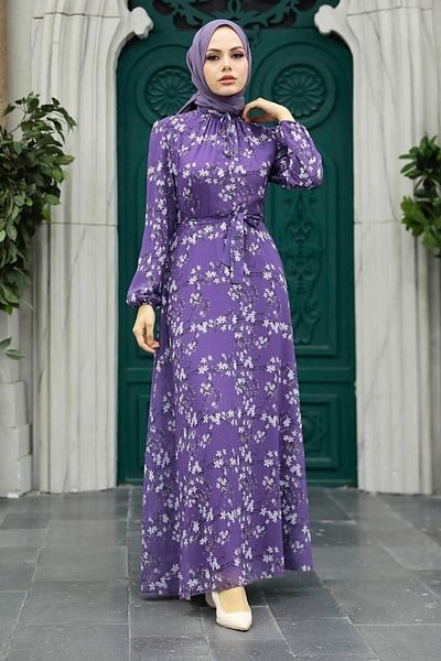 Neva Style Floral Patterned Lilac Hijab Dress 279048Lıla