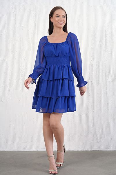 barış sülün lovebox Women's Skirt Layered Detailed Lined Chiffon Fabric Blue Evening Dress 078