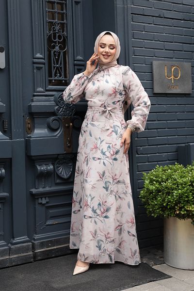Neva Style Φόρεμα Hijab Μπεζ με λουλούδια 279915BEJ