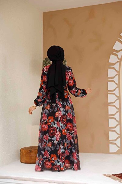 Neva Style Rochie neagră cu hijab cu modele florale 27962S