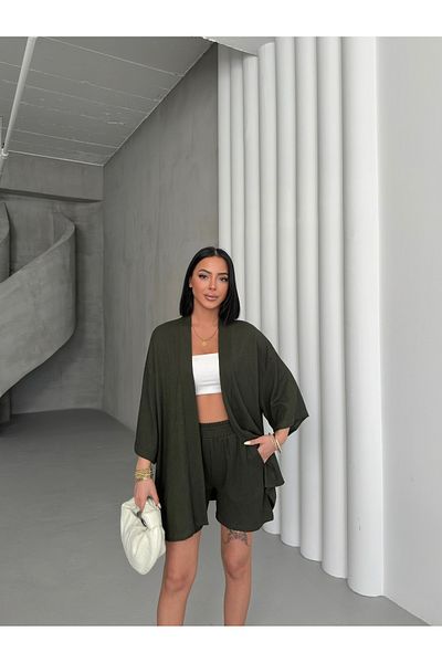 only moon Women's Clothing Wrinkle Fabric Kimono -Shorts Set, Bottom Top Set (Not Included in It)