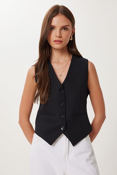 Lovelyİstanbul Black Crop Woven Vest - Fitting on the Body, Lto0003