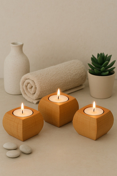 wooden hands %100 Doğal Ahşap Mumluk | 3'lü Set | Dekoratif, Şık Ve Minimal T...