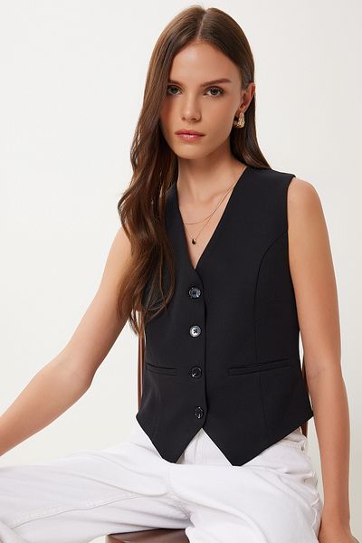 Lovelyİstanbul Black Crop Woven Vest - Fitting on the Body, Lto0003