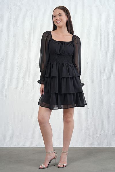 barış sülün lovebox Women's Skirt Detailed Lined Chiffon Fabric Black Evening Dress 078