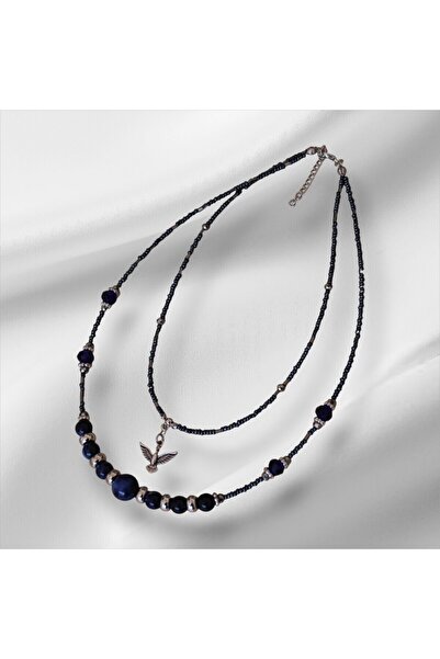 etniko Mavi Boncuklu Kadın Kolye – Anka Kuşu Figürlü, İki Parçalı, Klips Kapamalı Şık Aksesuar