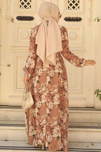 Neva Style فستان حجاب بني منقوش بالزهور 279014 السل