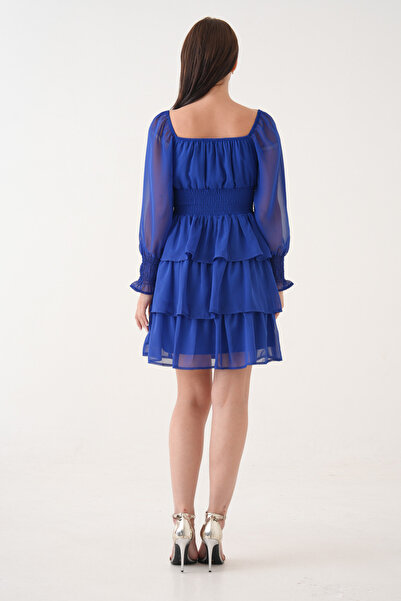 bayansepeti Women's Skirt Floor Detail Waist Elastic Lined Chiffon Fabric Blue Dress 078