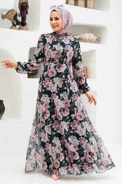 Neva Style Черна рокля с хиджаб и флорални мотиви 279058s