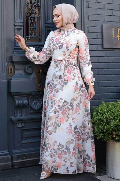 Neva Style Rochie Hijab Crem cu Motiv Floral 279902 KR