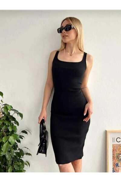 berceste İs Sıfır Kol Kare Yaka Kaşkorse Fitilli Elbise