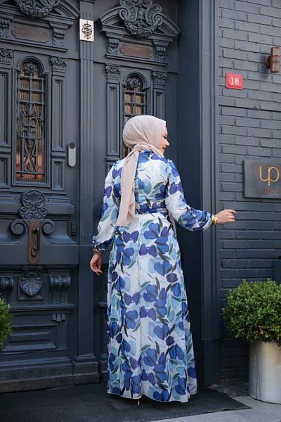 Neva Style Floral Patterned Sax Blue Hijab Dress 279901 Sx