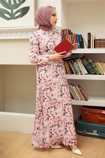 Neva Style - Ροζ Φόρεμα Hijab με Floral Print 279072p