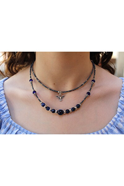 etniko Mavi Boncuklu Kadın Kolye – Anka Kuşu Figürlü, İki Parçalı, Klips Kapamalı Şık Aksesuar