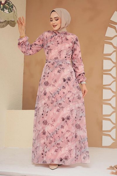 Neva Style Rochie hijab pudra cu modele florale 279903 PD