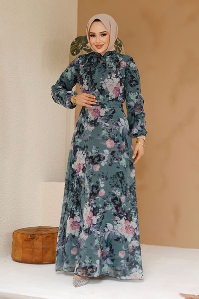 Neva Style Rochie hijab kaki cu imprimeu floral 27961HK