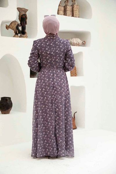 Neva Style Floral Patterned Lilac Hijab Dress 279045Lıla