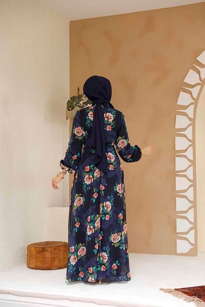 Neva Style Тъмносиня рокля с хиджаб с флорални шарки 27974L