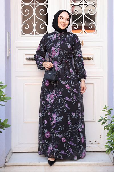 Neva Style Rochie neagră cu hijab cu modele florale 27960S