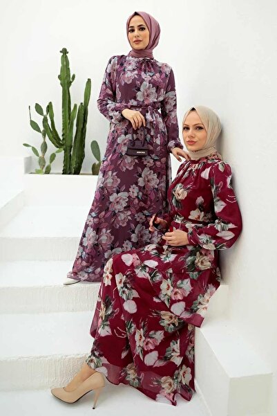 Neva Style Çiçek Desenli Koyu Gül Kurusu Tesettür Elbise 279015kgk