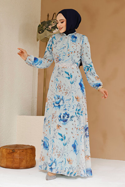 Neva Style Floral Patterned Turquoise Hijab Dress 27963Tr