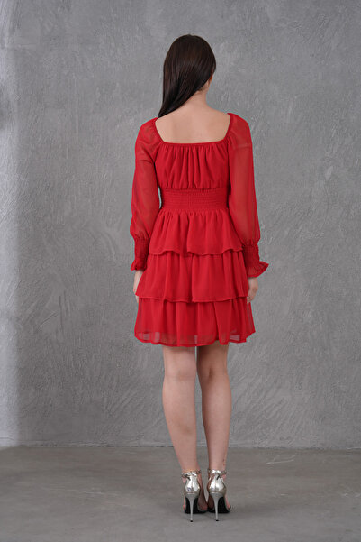 bayansepeti Women's Skirt Detailed Lined Chiffon Fabric Red Mini Dress 078