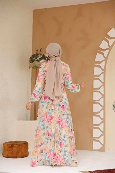 Neva Style Çiçek Desenli Sarı Tesettür Elbise 27984SR