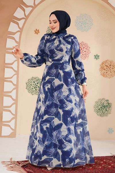 Neva Style Rochie hijab bleumarin cu modele florale 279907 L