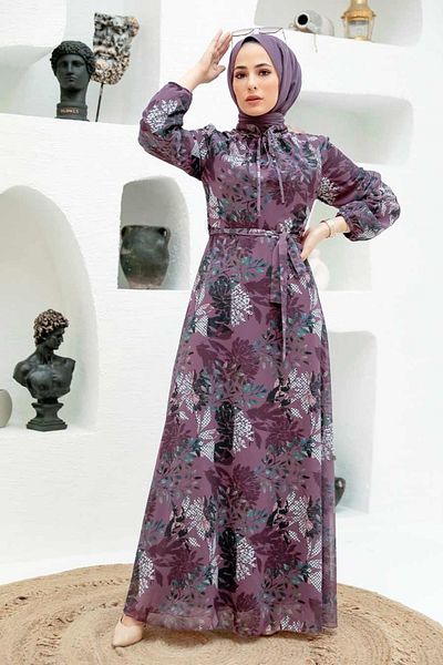 Neva Style فستان حجاب منقوش بالورود الداكنة 279024 كجم