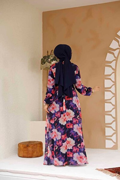 Neva Style Rochie hijab albastru închis cu imprimeu floral 27983L