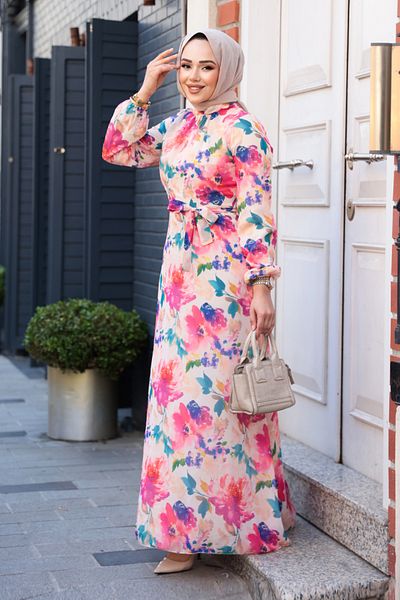 Neva Style Rochie hijab fucsia cu imprimeu floral 27993F