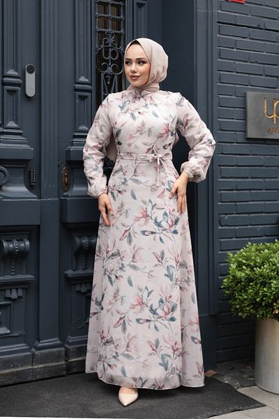 Neva Style Φόρεμα Hijab Μπεζ με λουλούδια 279915BEJ
