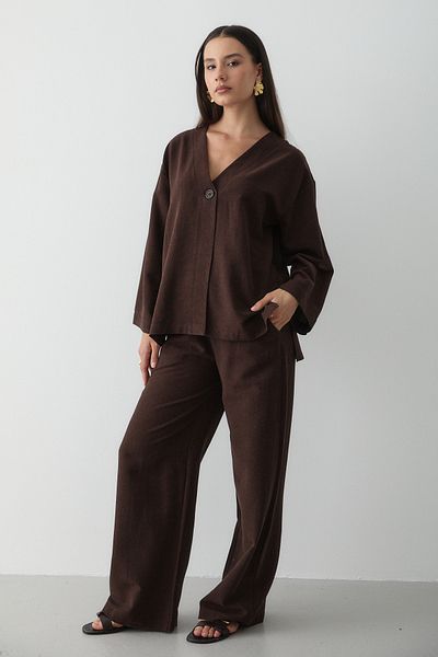 JASTE Women's Buttoned V-Neck Kimono & Elastic Waist Trousers Linen Set
