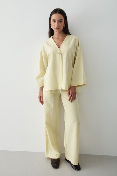 JASTE Women's Buttoned V-Neck Kimono & Elastic Waist Trousers Linen Set