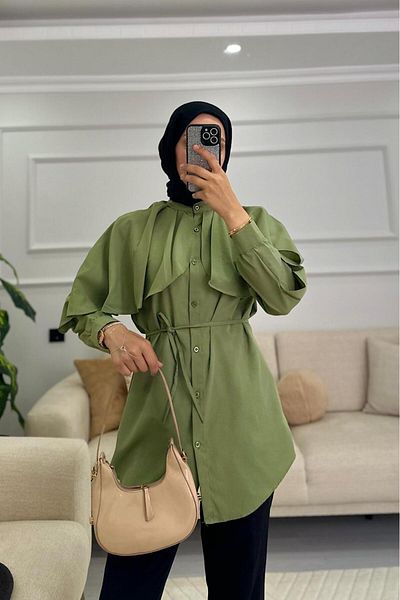 HİFADEN Women's Cape Belt Detailed Judge Collar Hijab Shirt