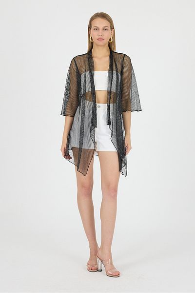 Laranor Glitter Mesh Shawl Collar Flywheel Sleeve Kimono Kaftan Beach Wear 25L8120