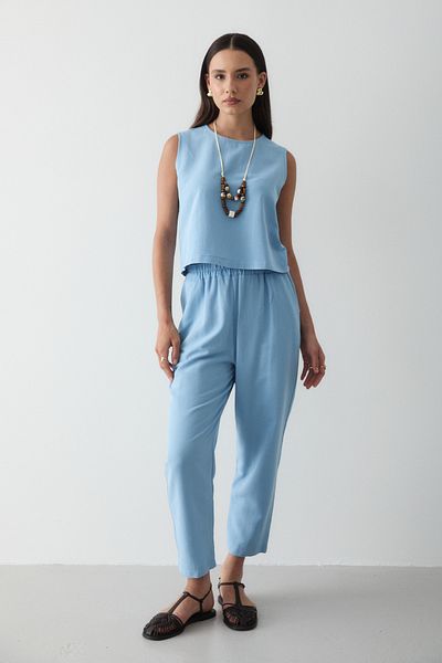 JASTE Women's Blue Necklace Detailed Blouse & Elastic Waist Trousers Linen Suit